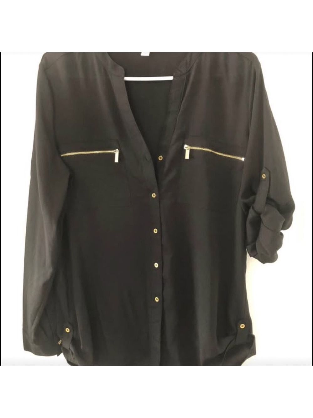 Calvin Klein Sheer Black Blouse with Gold Zipper Accents Size Medium
